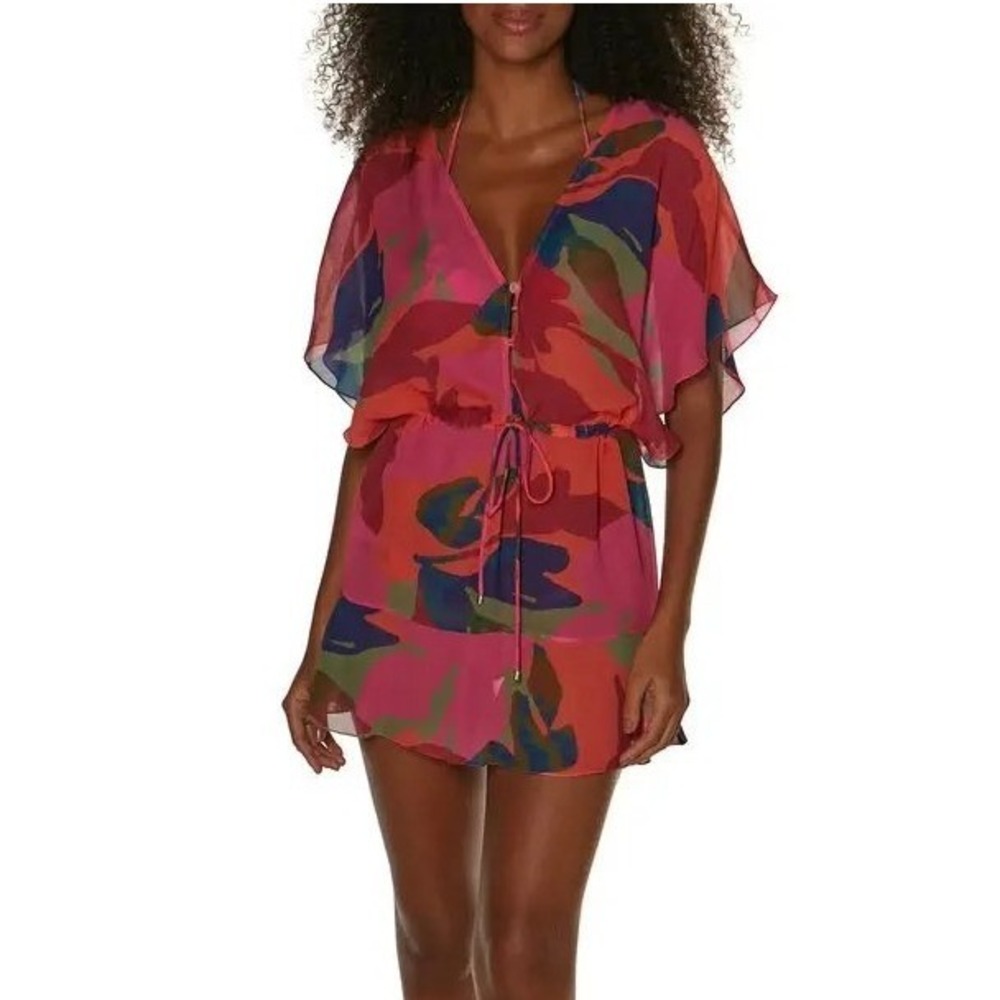 Vix Paula Hermanny Mika Callie Cover-Up Mini Dress Pink Coral Tropical Floral XS